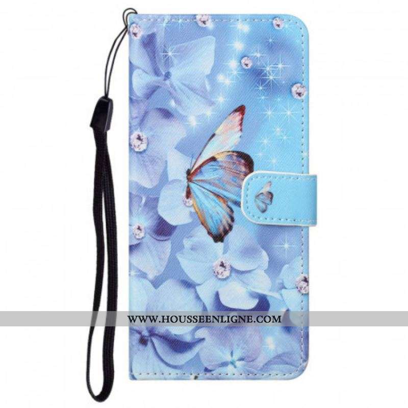 Housse Moto G71 5G Papillons Diamants à Lanière
