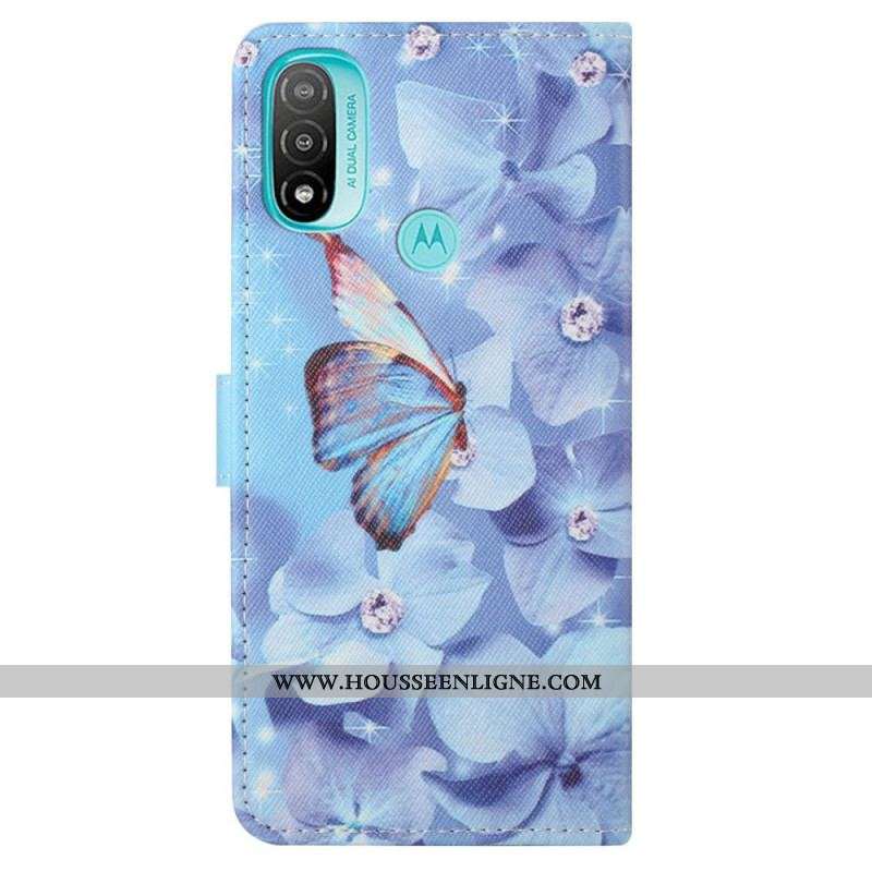 Housse Moto G71 5G Papillons Diamants à Lanière