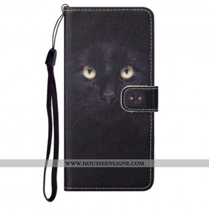 Housse Moto G71 5G Yeux de Chat Noir à Lanière