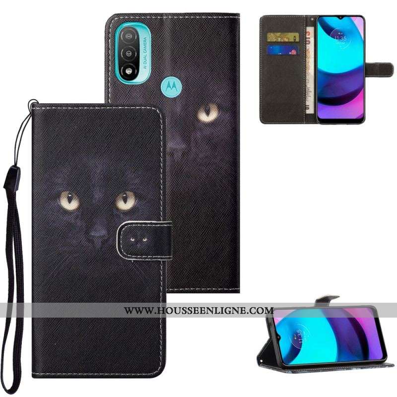 Housse Moto G71 5G Yeux de Chat Noir à Lanière