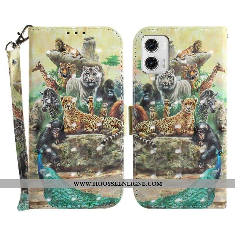 Housse Moto G73 5G Animaux Safari à Lanière