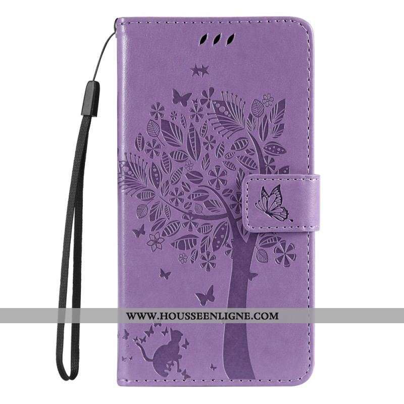 Housse Moto G73 5G Arbre et Chat à Lanière
