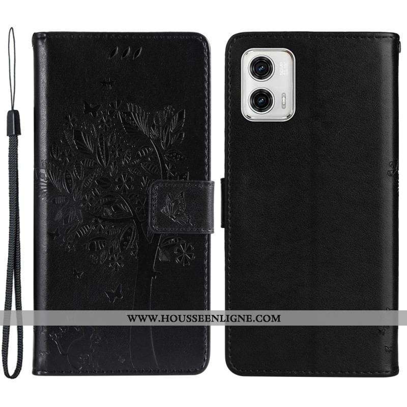 Housse Moto G73 5G Arbre et Chat à Lanière