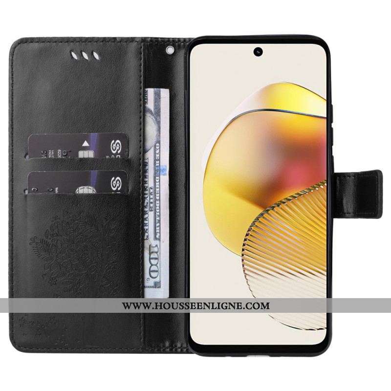 Housse Moto G73 5G Arbre et Chat à Lanière