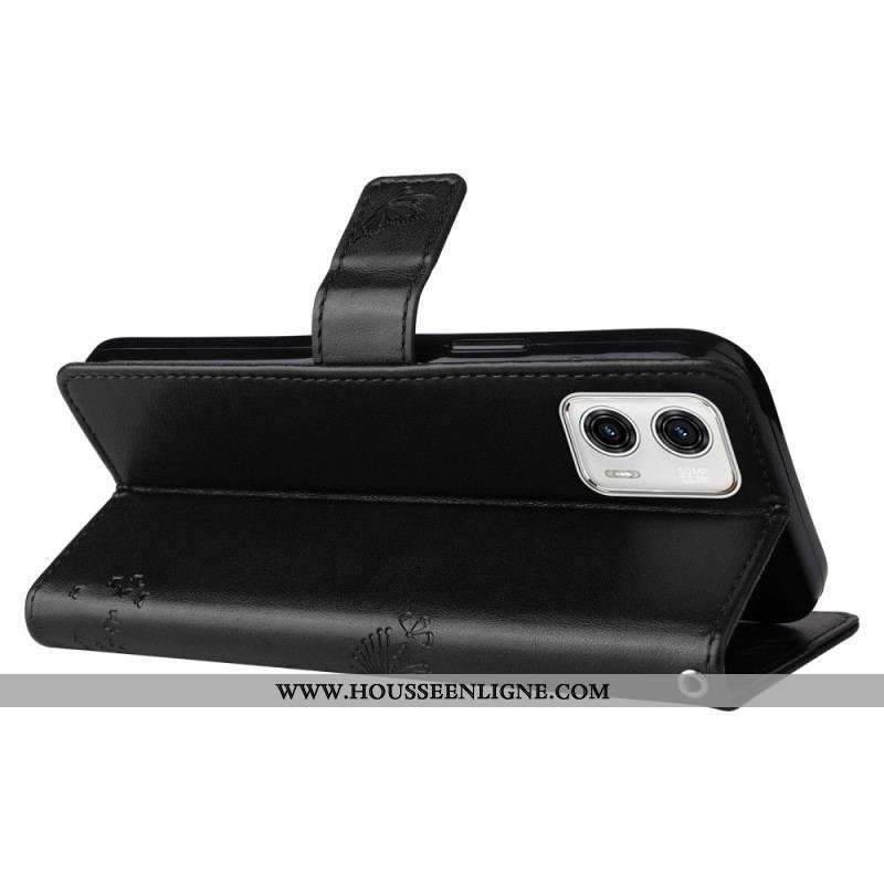 Housse Moto G73 5G Arbre et Chat à Lanière