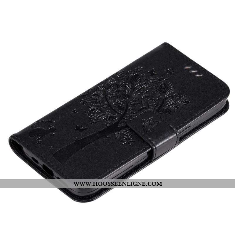 Housse Moto G73 5G Arbre et Chat à Lanière