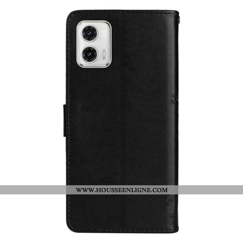 Housse Moto G73 5G Arbre et Chat à Lanière