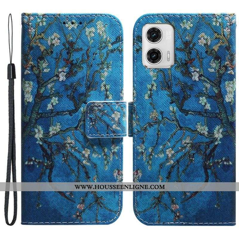 Housse Moto G73 5G Branches Fleuries à Lanière