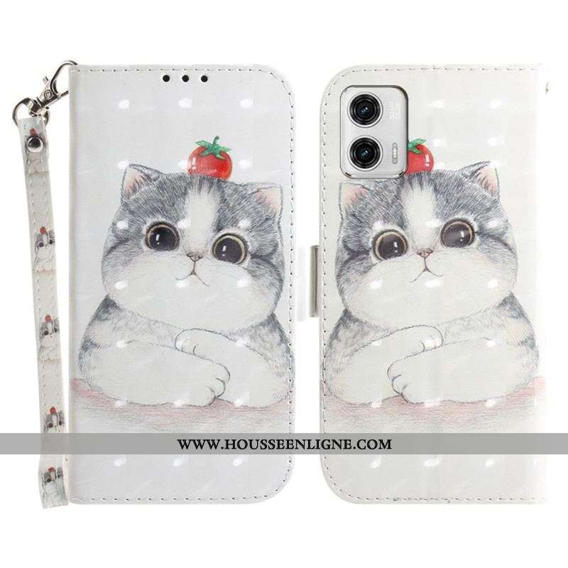 Housse Moto G73 5G Chat Graphique à Lanière