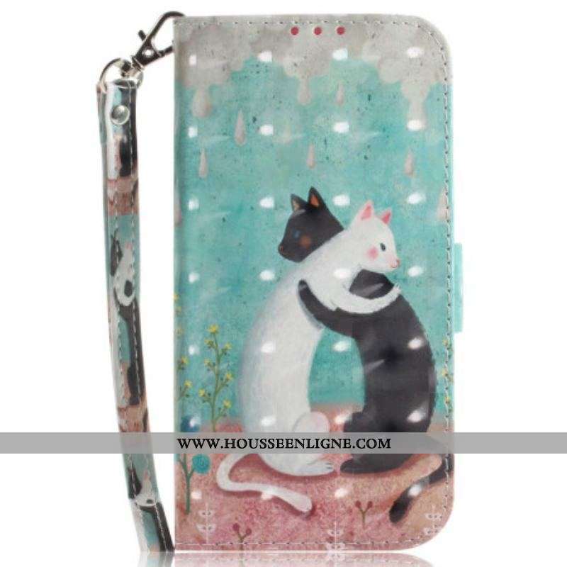 Housse Moto G73 5G Chat Noir Chat Blanc à Lanière
