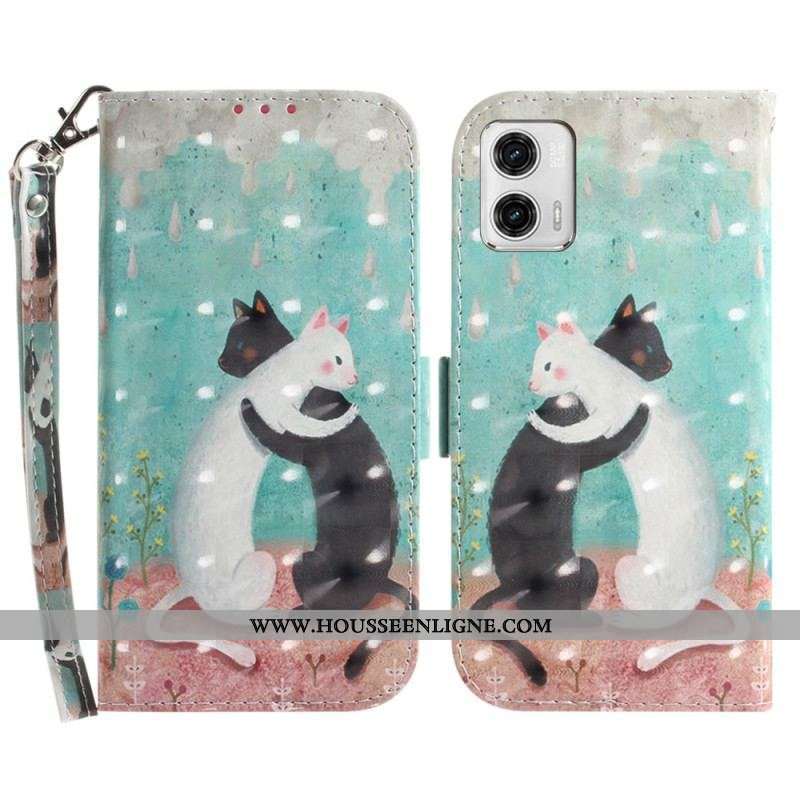 Housse Moto G73 5G Chat Noir Chat Blanc à Lanière