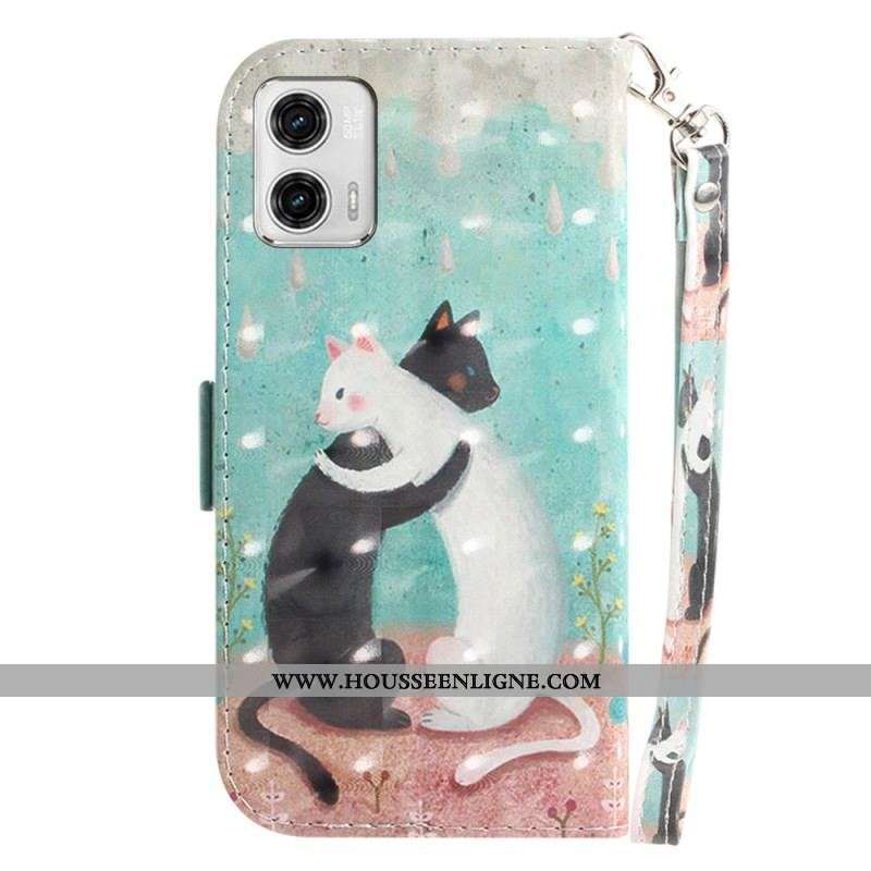Housse Moto G73 5G Chat Noir Chat Blanc à Lanière