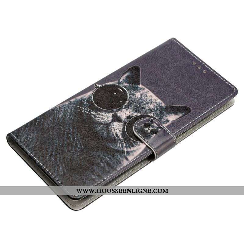 Housse Moto G73 5G Chat à Lunettes à Lanière
