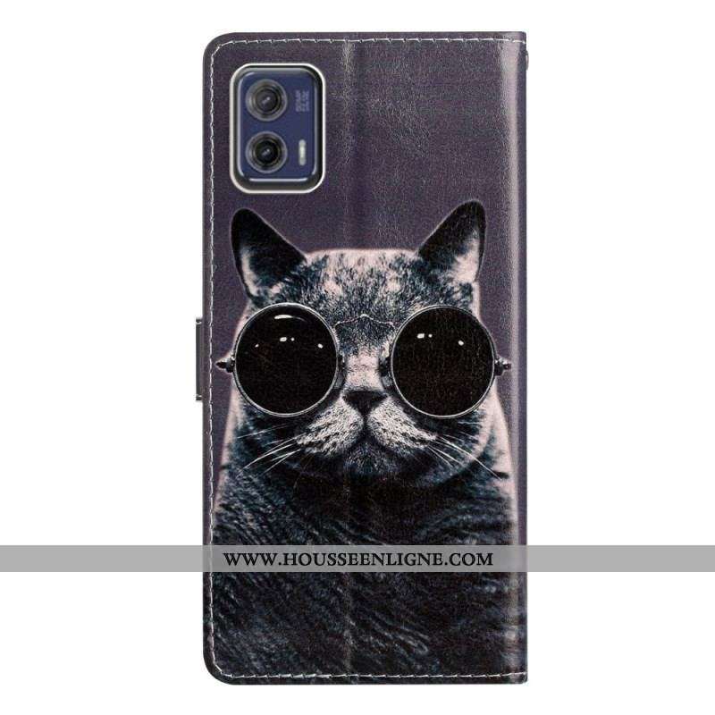 Housse Moto G73 5G Chat à Lunettes à Lanière