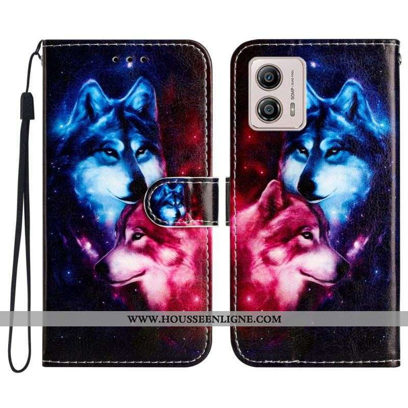 Housse Moto G73 5G Deux Loups à Lanière