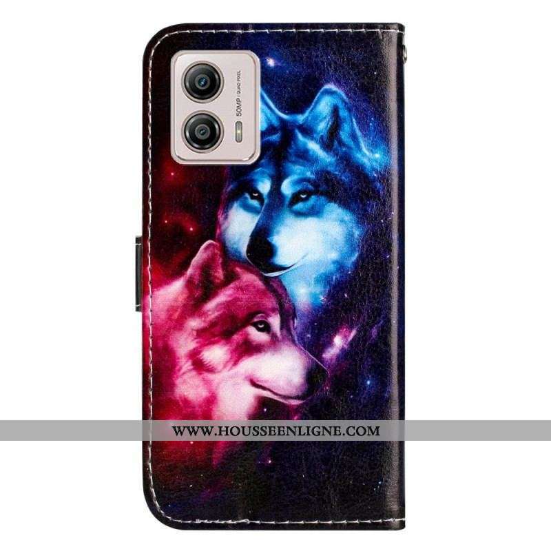 Housse Moto G73 5G Deux Loups à Lanière