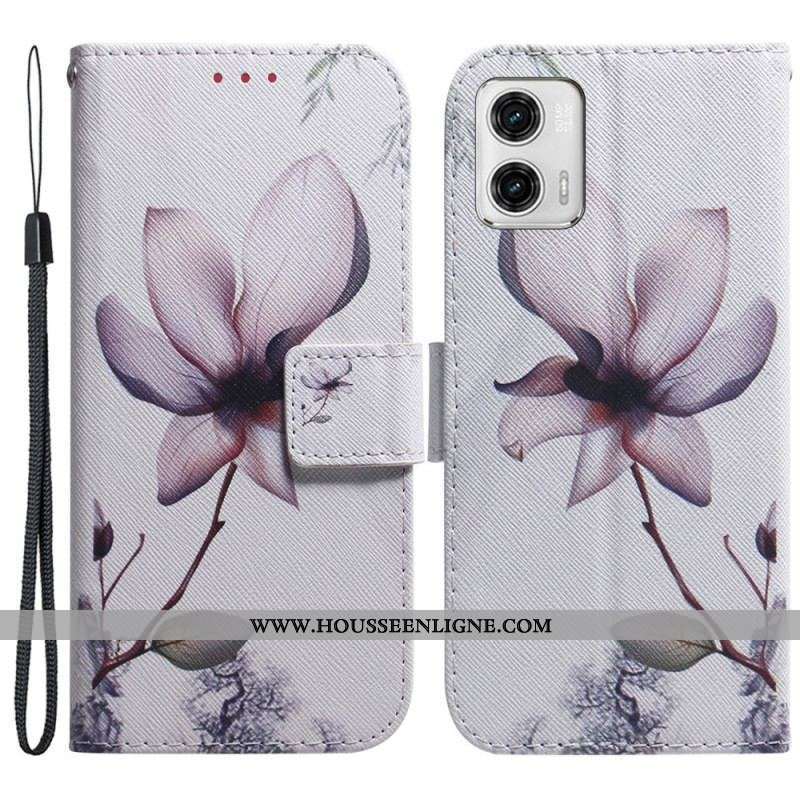 Housse Moto G73 5G Fleur Rose à Lanière
