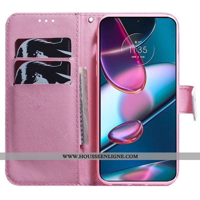 Housse Moto G73 5G Fleur Rose à Lanière