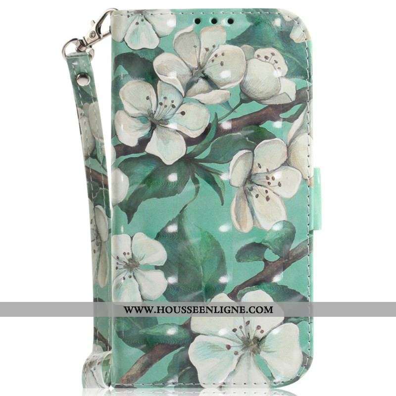 Housse Moto G73 5G Fleurs Blanches à Lanière