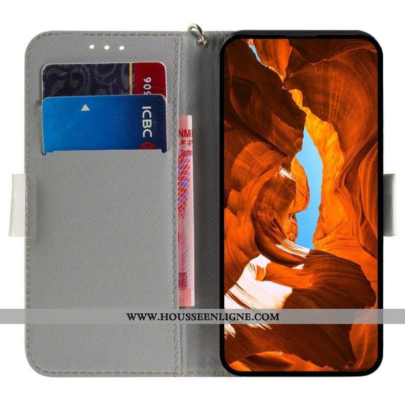 Housse Moto G73 5G Fleurs Blanches à Lanière