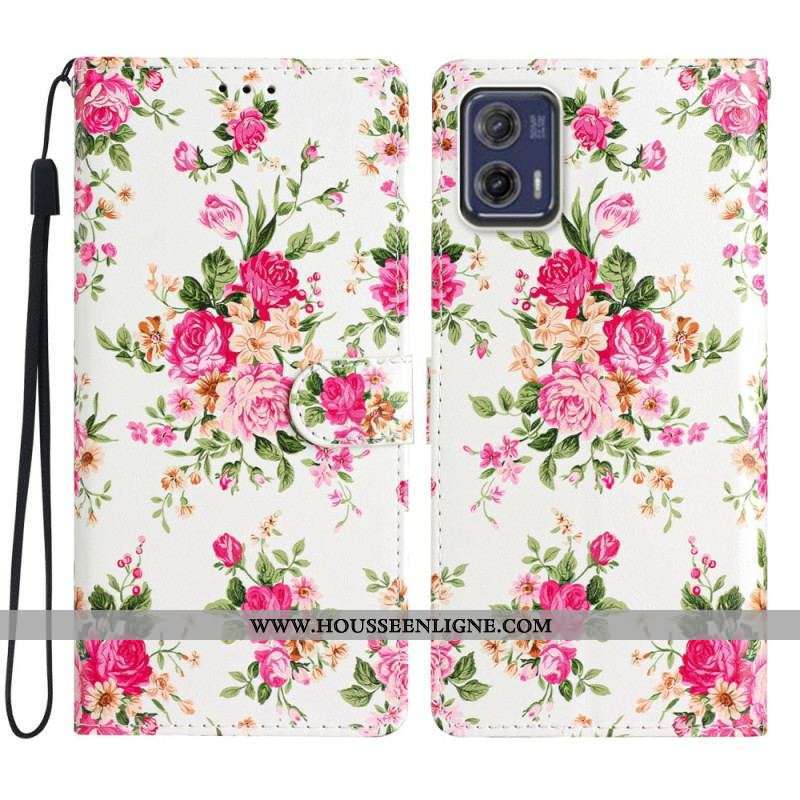 Housse Moto G73 5G Fleurs Liberty à Lanière