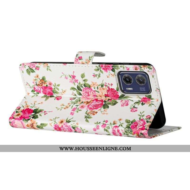 Housse Moto G73 5G Fleurs Liberty à Lanière