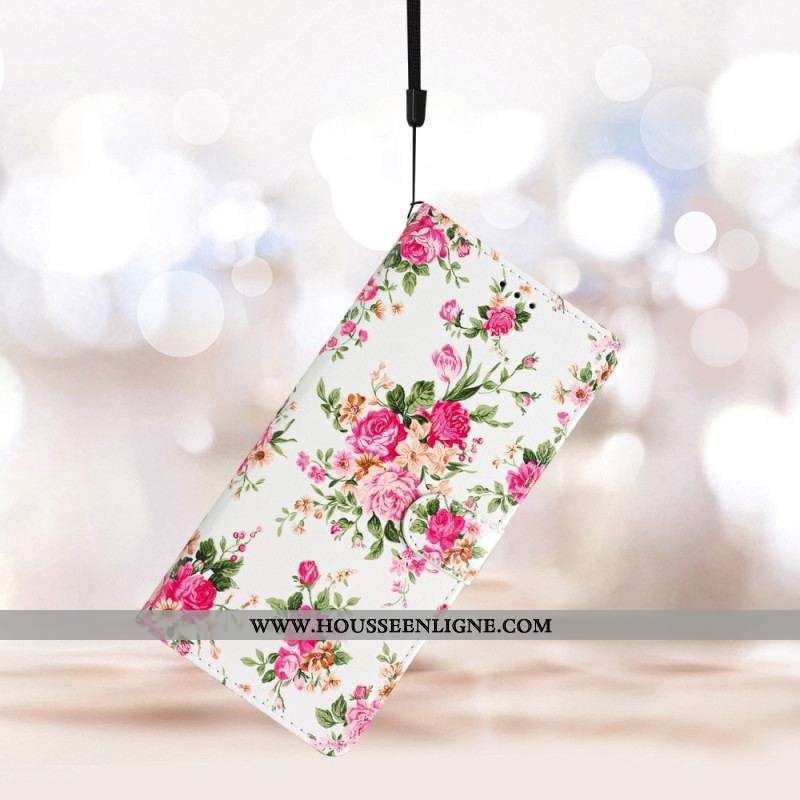 Housse Moto G73 5G Fleurs Liberty à Lanière