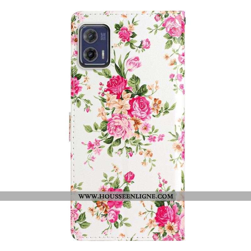Housse Moto G73 5G Fleurs Liberty à Lanière