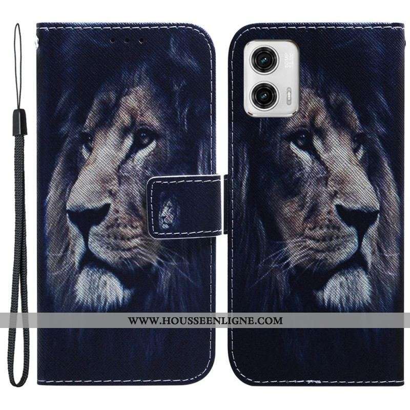 Housse Moto G73 5G Lion à Lanière