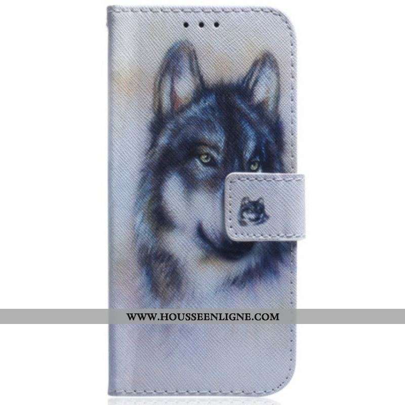 Housse Moto G73 5G Loup Aquarelle à Lanière