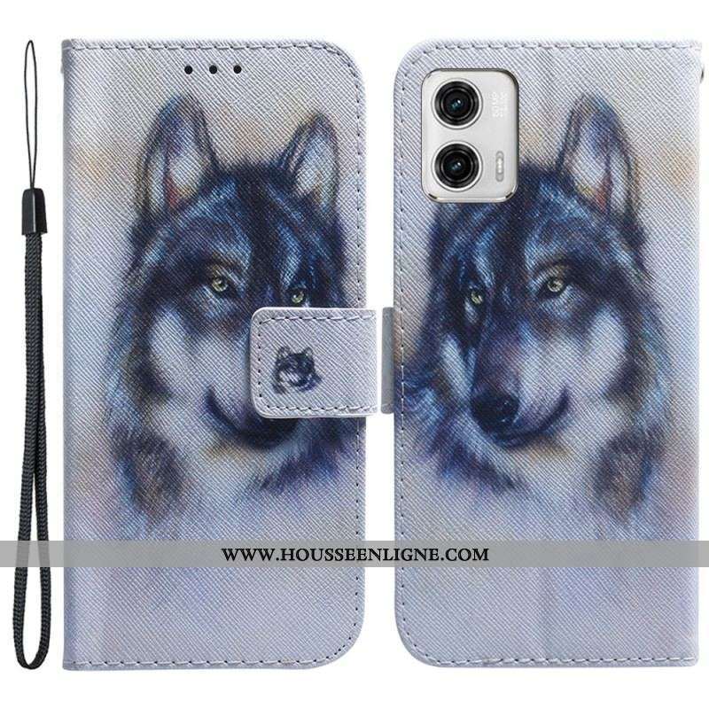 Housse Moto G73 5G Loup Aquarelle à Lanière