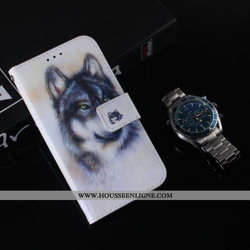 Housse Moto G73 5G Loup Aquarelle à Lanière