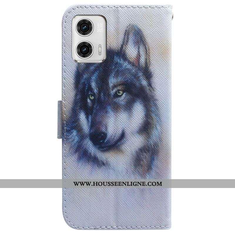 Housse Moto G73 5G Loup Aquarelle à Lanière