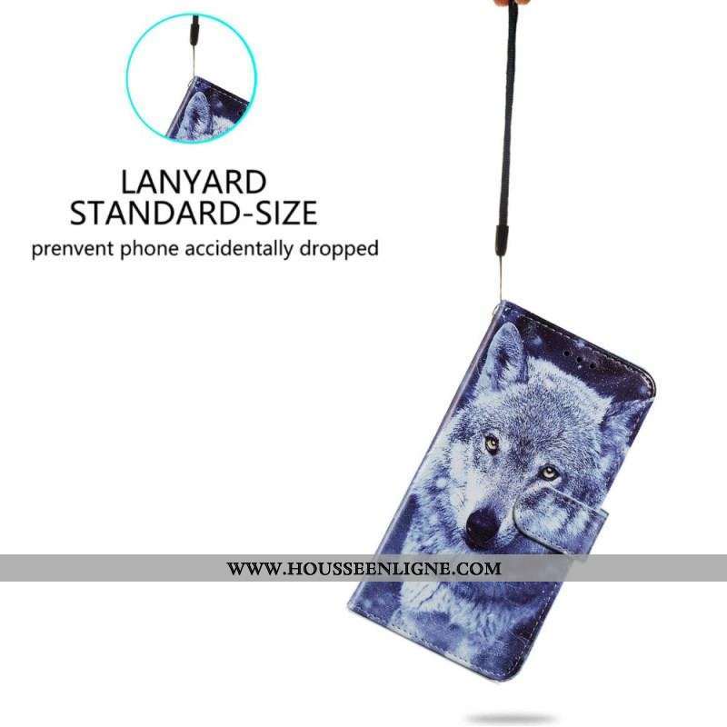 Housse Moto G73 5G Loup à Lanière