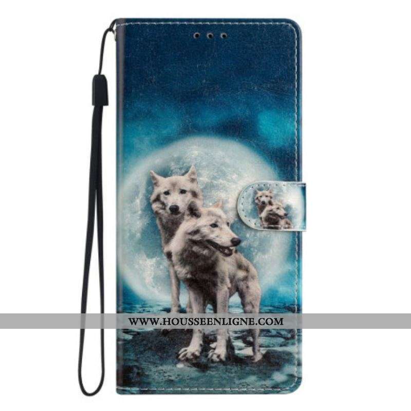 Housse Moto G73 5G Loups au Clair de lune à Lanière