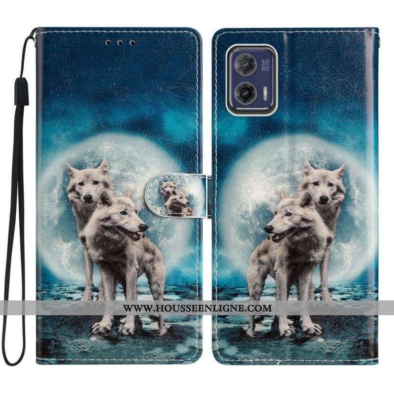 Housse Moto G73 5G Loups au Clair de lune à Lanière