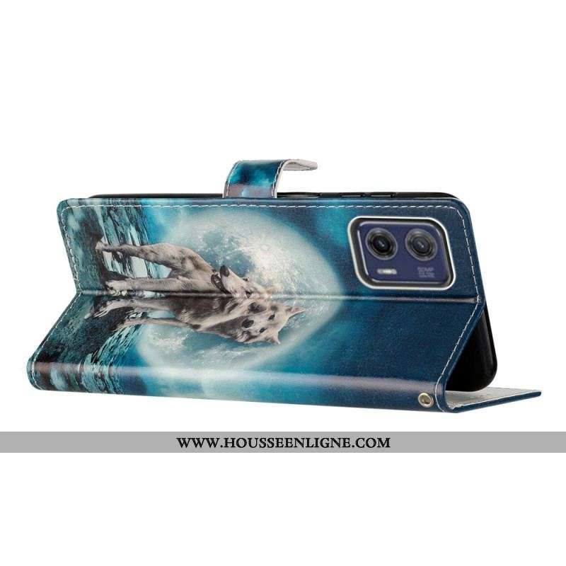 Housse Moto G73 5G Loups au Clair de lune à Lanière