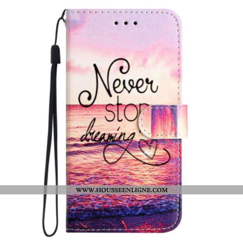 Housse Moto G73 5G Never Stop Dreaming à Lanière