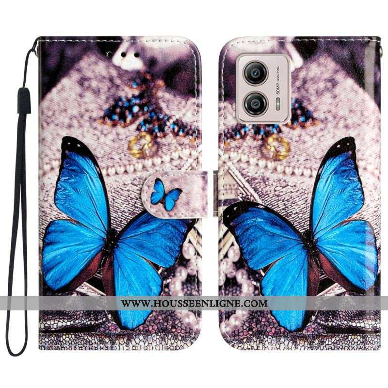 Housse Moto G73 5G Papillon Bleu Précieux à Lanière