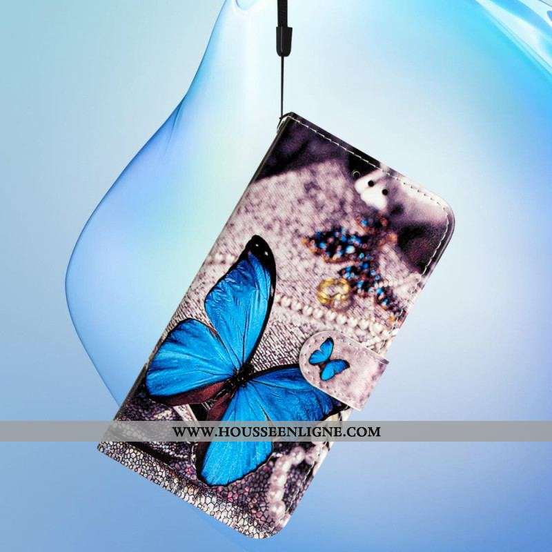 Housse Moto G73 5G Papillon Bleu Précieux à Lanière