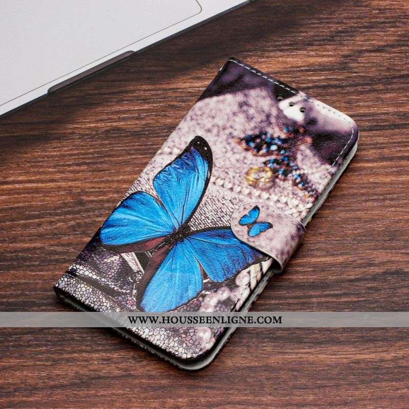 Housse Moto G73 5G Papillon Bleu Précieux à Lanière