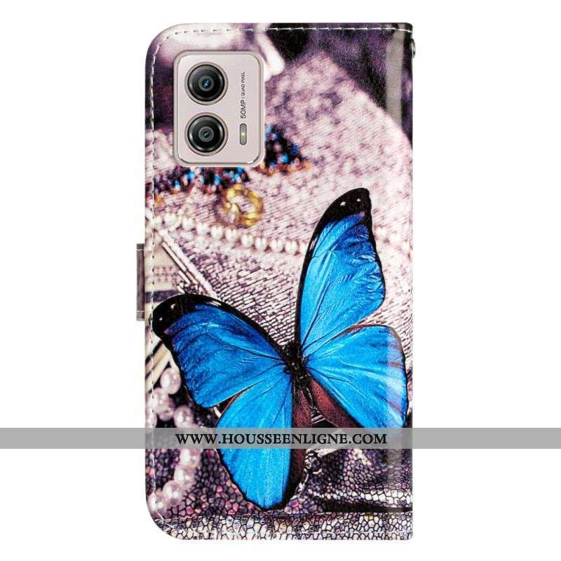 Housse Moto G73 5G Papillon Bleu Précieux à Lanière