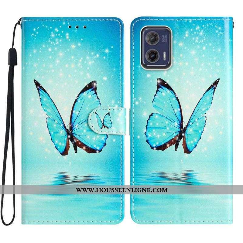 Housse Moto G73 5G Papillon Bleu à Lanière