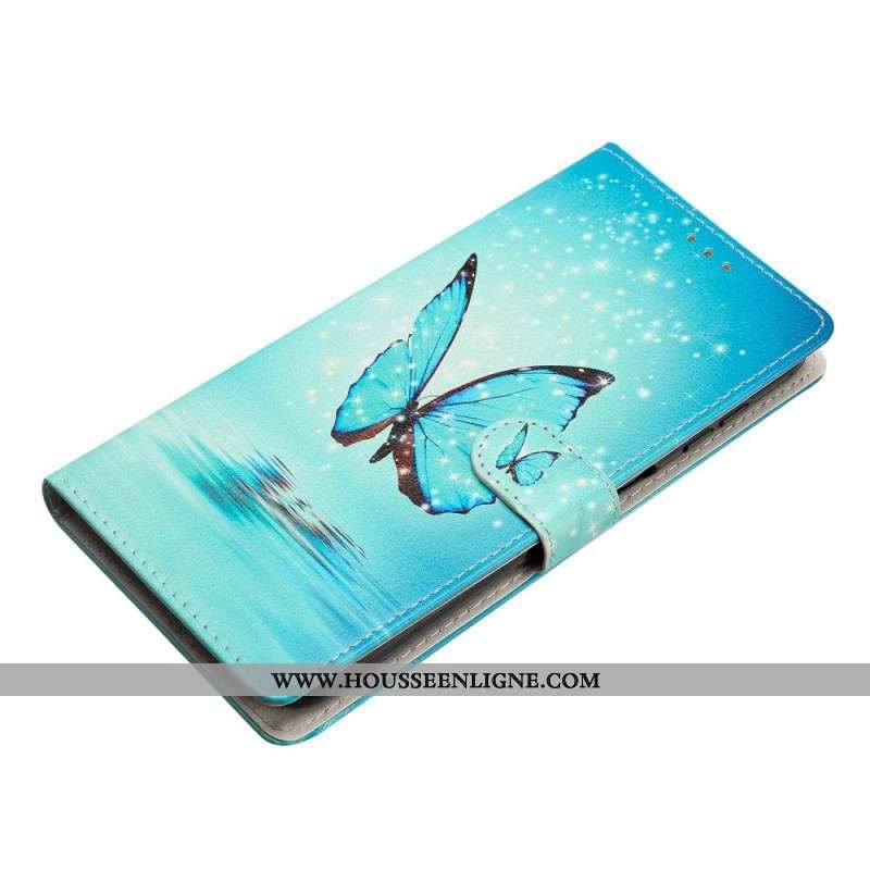 Housse Moto G73 5G Papillon Bleu à Lanière