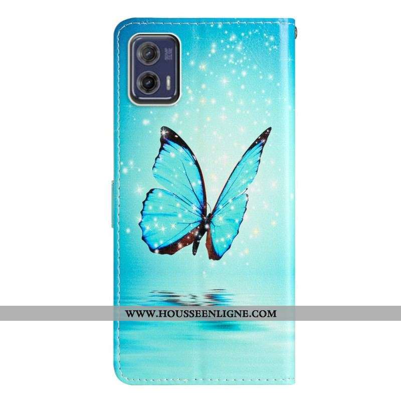 Housse Moto G73 5G Papillon Bleu à Lanière