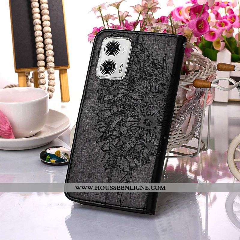 Housse Moto G73 5G Papillon Floral à Lanière
