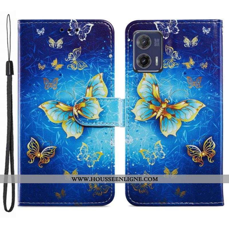 Housse Moto G73 5G Papillons Dorés à Lanière