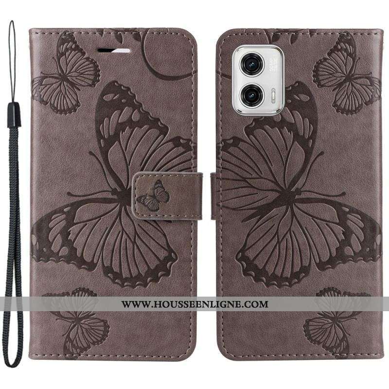 Housse Moto G73 5G Papillons Géants à Lanière
