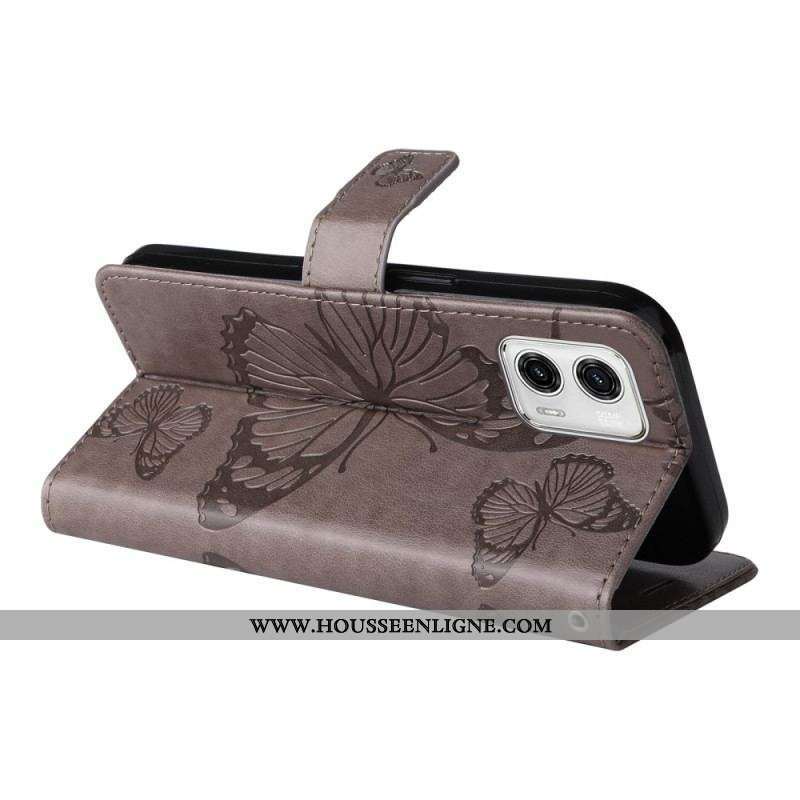 Housse Moto G73 5G Papillons Géants à Lanière