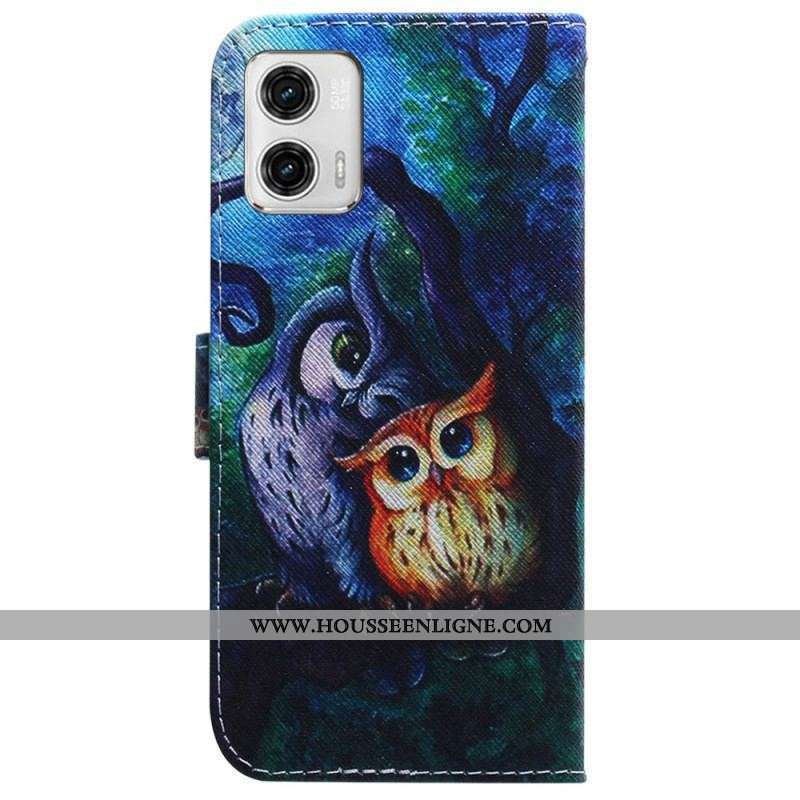 Housse Moto G73 5G Peinture Hiboux à Lanière